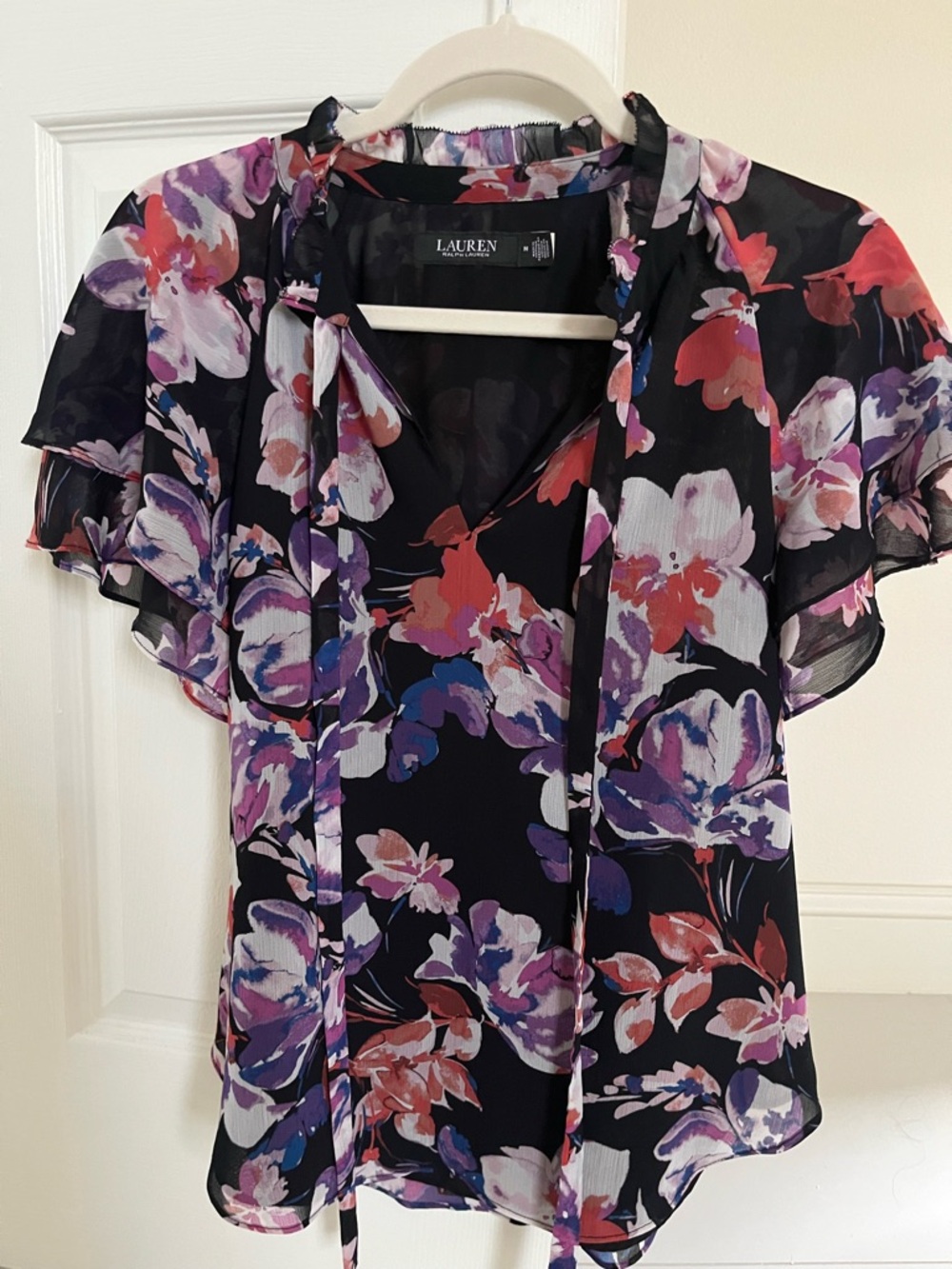 Ralph Lauren Black Floral Tie-Neck Blouse with Purple & Pink Blooms